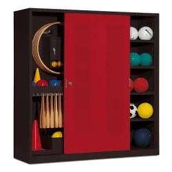 C+P Sportgeräteschrank mit Lochblech-Schiebetüren (Typ 5), HxBxT 195x190x60 cm, Rubinrot (RAL 3003), Anthrazit (RAL 7021), Einzelschliessung