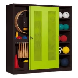 C+P Sportgeräteschrank mit Lochblech-Schiebetüren (Typ 5), HxBxT 195x190x60 cm, Clowngrün (RAL 110 80 60), Anthrazit (RAL 7021), Einzelschliessung