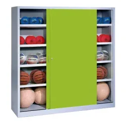 C+P Ballschrank mit Vollblech-Schiebetüren (Typ 4), HxBxT 195x120x50 cm, Clowngrün (RAL 110 80 60), Lichtgrau (RAL 7035), Einzelschliessung