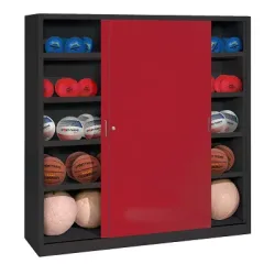 C+P Ballschrank mit Vollblech-Schiebetüren (Typ 4), HxBxT 195x120x50 cm, Rubinrot (RAL 3003), Anthrazit (RAL 7021), Einzelschliessung