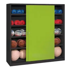 C+P Ballschrank mit Vollblech-Schiebetüren (Typ 4), HxBxT 195x120x50 cm, Clowngrün (RAL 110 80 60), Anthrazit (RAL 7021), Einzelschliessung
