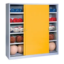 C+P Ballschrank mit Vollblech-Schiebetüren (Typ 4), HxBxT 195x120x50 cm, Verkehrsgelb (RAL 1023), Anthrazit (RAL 7021), Einzelschliessung