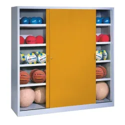 C+P Ballschrank mit Vollblech-Schiebetüren (Typ 4), HxBxT 195x160x50 cm, Goldgelb (RAL 1004), Lichtgrau (RAL 7035), Einzelschliessung