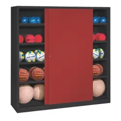 C+P Ballschrank mit Vollblech-Schiebetüren (Typ 4), HxBxT 195x160x50 cm, Rubinrot (RAL 3003), Anthrazit (RAL 7021), Einzelschliessung