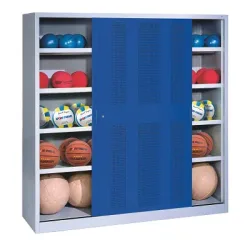 C+P Ballschrank mit Lochblech-Schiebetüren (Typ 4), HxBxT 195x160x50 cm, Enzianblau (RAL 5010), Lichtgrau (RAL 7035), Einzelschliessung