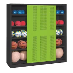 C+P Ballschrank mit Lochblech-Schiebetüren (Typ 4), HxBxT 195x120x50 cm, Clowngrün (RAL 110 80 60), Anthrazit (RAL 7021), Einzelschliessung