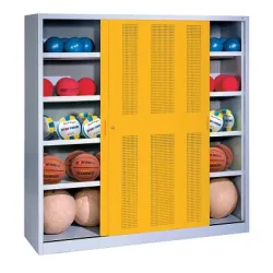 C+P Ballschrank mit Lochblech-Schiebetüren (Typ 4), HxBxT 195x120x50 cm, Verkehrsgelb (RAL 1023), Anthrazit (RAL 7021), Einzelschliessung