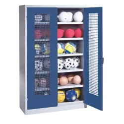 C+P Ballschrank mit Lochblech-Flügeltüren (Typ 3), HxBxT 195x120x50 cm, Ergo-Lock Muldengriff, Enzianblau (RAL 5010), Lichtgrau (RAL 7035), Einzelschliessung