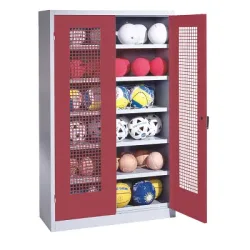 C+P Ballschrank mit Lochblech-Flügeltüren (Typ 3), HxBxT 195x120x50 cm, Ergo-Lock Muldengriff, Rubinrot (RAL 3003), Lichtgrau (RAL 7035), Einzelschliessung