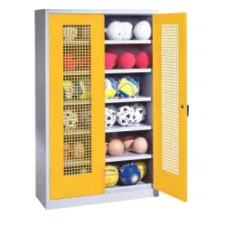C+P Ballschrank mit Lochblech-Flügeltüren (Typ 3), HxBxT 195x120x50 cm, Ergo-Lock Muldengriff, Verkehrsgelb (RAL 1023), Anthrazit (RAL 7021), Einzelschliessung