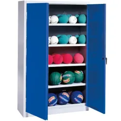 C+P Ballschrank mit Vollblech-Flügeltüren (Typ 3), HxBxT 195x150x50 cm, Ergo-Lock Muldengriff, Enzianblau (RAL 5010), Lichtgrau (RAL 7035), Einzelschliessung
