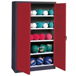 C+P Ballschrank mit Vollblech-Flügeltüren (Typ 3), HxBxT 195x150x50 cm, Ergo-Lock Muldengriff, Rubinrot (RAL 3003), Anthrazit (RAL 7021), Einzelschliessung