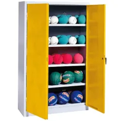C+P Ballschrank mit Vollblech-Flügeltüren (Typ 3), HxBxT 195x150x50 cm, Ergo-Lock Muldengriff, Verkehrsgelb (RAL 1023), Anthrazit (RAL 7021), Einzelschliessung