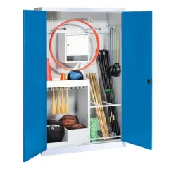 C+P Sportgeräteschrank mit Vollblech-Flügeltüren (Typ 1), HxBxT 195x120x50 cm, Ergo-Lock Muldengriff, Enzianblau (RAL 5010), Lichtgrau (RAL 7035), Einzelschliessung