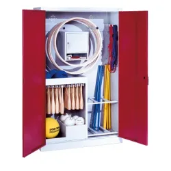 C+P Sportgeräteschrank mit Vollblech-Flügeltüren (Typ 1), HxBxT 195x120x50 cm, Ergo-Lock Muldengriff, Rubinrot (RAL 3003), Lichtgrau (RAL 7035), Einzelschliessung