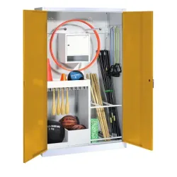 C+P Sportgeräteschrank mit Vollblech-Flügeltüren (Typ 1), HxBxT 195x120x50 cm, Ergo-Lock Muldengriff, Goldgelb (RAL 1004), Lichtgrau (RAL 7035), Einzelschliessung