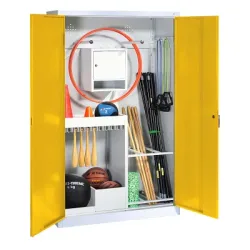 C+P Sportgeräteschrank mit Vollblech-Flügeltüren (Typ 1), HxBxT 195x120x50 cm, Ergo-Lock Muldengriff, Verkehrsgelb (RAL 1023), Lichtgrau (RAL 7035), Einzelschliessung