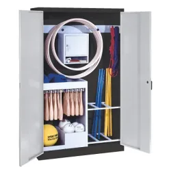 C+P Sportgeräteschrank mit Vollblech-Flügeltüren (Typ 1), HxBxT 195x120x50 cm, Lichtgrau (RAL 7035), Ergo-Lock Muldengriff, Anthrazit (RAL 7021), Einzelschliessung