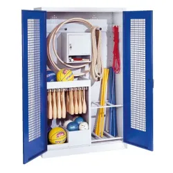 C+P Sportgeräteschrank mit Lochblech-Flügeltüren (Typ 1), HxBxT 195x120x50 cm, Ergo-Lock Muldengriff, Enzianblau (RAL 5010), Lichtgrau (RAL 7035), Einzelschliessung