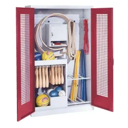C+P Sportgeräteschrank mit Lochblech-Flügeltüren (Typ 1), HxBxT 195x120x50 cm, Ergo-Lock Muldengriff, Rubinrot (RAL 3003), Lichtgrau (RAL 7035), Einzelschliessung