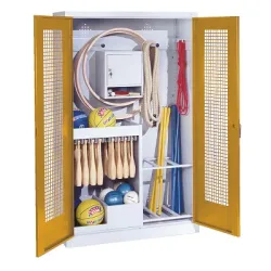 C+P Sportgeräteschrank mit Lochblech-Flügeltüren (Typ 1), HxBxT 195x120x50 cm, Ergo-Lock Muldengriff, Goldgelb (RAL 1004), Lichtgrau (RAL 7035), Einzelschliessung