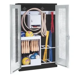 C+P Sportgeräteschrank mit Lochblech-Flügeltüren (Typ 1), HxBxT 195x120x50 cm, Lichtgrau (RAL 7035), Ergo-Lock Muldengriff, Anthrazit (RAL 7021), Einzelschliessung