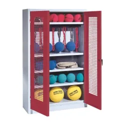 C+P Sportgeräteschrank mit Lochblech-Flügeltüren (Typ 2), HxBxT 195x120x50 cm, Ergo-Lock Muldengriff, Rubinrot (RAL 3003), Lichtgrau (RAL 7035), Einzelschliessung