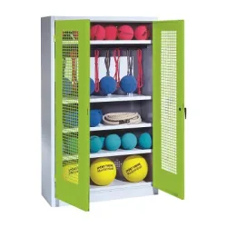 C+P Sportgeräteschrank mit Lochblech-Flügeltüren (Typ 2), HxBxT 195x120x50 cm, Ergo-Lock Muldengriff, Clowngrün (RAL 110 80 60), Lichtgrau (RAL 7035), Einzelschliessung