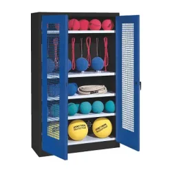 C+P Sportgeräteschrank mit Lochblech-Flügeltüren (Typ 2), HxBxT 195x120x50 cm, Enzianblau (RAL 5010), Ergo-Lock Muldengriff, Anthrazit (RAL 7021), Einzelschliessung