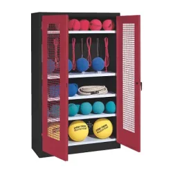 C+P Sportgeräteschrank mit Lochblech-Flügeltüren (Typ 2), HxBxT 195x120x50 cm, Ergo-Lock Muldengriff, Rubinrot (RAL 3003), Anthrazit (RAL 7021), Einzelschliessung