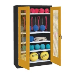 C+P Sportgeräteschrank mit Lochblech-Flügeltüren (Typ 2), HxBxT 195x120x50 cm, Ergo-Lock Muldengriff, Goldgelb (RAL 1004), Anthrazit (RAL 7021), Einzelschliessung