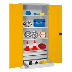 C+P Sportgeräteschrank mit Schubladen und Vollblech-Flügeltüren (Typ 4), HxBxT 195x120x50 cm, Ergo-Lock Muldengriff, Verkehrsgelb (RAL 1023), Lichtgrau (RAL 7035), Einzelschliessung