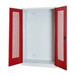 C+P Modul-Sportgeräteschrank mit Lochblech-Flügeltüren, HxBxT 195x120x50 cm, Ergo-Lock Muldengriff, Rubinrot (RAL 3003), Lichtgrau (RAL 7035), Einzelschliessung