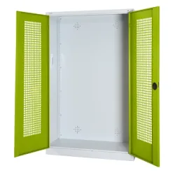 C+P Modul-Sportgeräteschrank mit Lochblech-Flügeltüren, HxBxT 195x120x50 cm, Ergo-Lock Muldengriff, Clowngrün (RAL 110 80 60), Lichtgrau (RAL 7035), Einzelschliessung