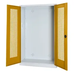C+P Modul-Sportgeräteschrank mit Lochblech-Flügeltüren, HxBxT 195x120x50 cm, Ergo-Lock Muldengriff, Goldgelb (RAL 1004), Lichtgrau (RAL 7035), Einzelschliessung