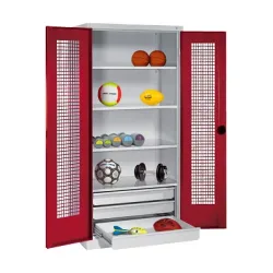 C+P Sportgeräteschrank mit Schubladen und Lochblech-Flügeltüren (Typ 4),  HxBxT 195x120x50 cm, Ergo-Lock Muldengriff, Rubinrot (RAL 3003), Lichtgrau (RAL 7035), Einzelschliessung