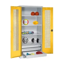 C+P Sportgeräteschrank mit Schubladen und Lochblech-Flügeltüren (Typ 4),  HxBxT 195x120x50 cm, Ergo-Lock Muldengriff, Verkehrsgelb (RAL 1023), Lichtgrau (RAL 7035), Einzelschliessung