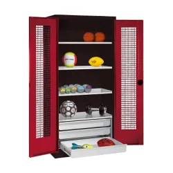 C+P Sportgeräteschrank mit Schubladen und Lochblech-Flügeltüren (Typ 4),  HxBxT 195x120x50 cm, Ergo-Lock Muldengriff, Rubinrot (RAL 3003), Anthrazit (RAL 7021), Einzelschliessung