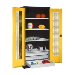 C+P Sportgeräteschrank mit Schubladen und Lochblech-Flügeltüren (Typ 4),  HxBxT 195x120x50 cm, Ergo-Lock Muldengriff, Verkehrsgelb (RAL 1023), Anthrazit (RAL 7021), Einzelschliessung