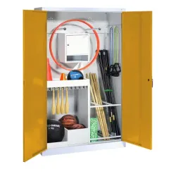 C+P Sportgeräteschrank mit Vollblech-Flügeltüren (Typ 1), HxBxT 195x120x50 cm, Ergo-Lock Muldengriff, Goldgelb (RAL 1004), Lichtgrau (RAL 7035), Gleichschliessung