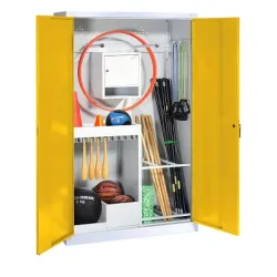 C+P Sportgeräteschrank mit Vollblech-Flügeltüren (Typ 1), HxBxT 195x120x50 cm, Ergo-Lock Muldengriff, Verkehrsgelb (RAL 1023), Lichtgrau (RAL 7035), Gleichschliessung