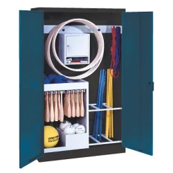 C+P Sportgeräteschrank mit Vollblech-Flügeltüren (Typ 1), HxBxT 195x120x50 cm, Enzianblau (RAL 5010), Ergo-Lock Muldengriff, Anthrazit (RAL 7021), Gleichschliessung
