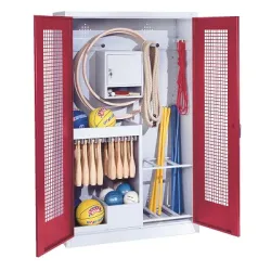 C+P Sportgeräteschrank mit Lochblech-Flügeltüren (Typ 1), HxBxT 195x120x50 cm, Ergo-Lock Muldengriff, Rubinrot (RAL 3003), Lichtgrau (RAL 7035), Gleichschliessung