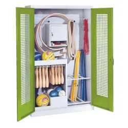 C+P Sportgeräteschrank mit Lochblech-Flügeltüren (Typ 1), HxBxT 195x120x50 cm, Ergo-Lock Muldengriff, Clowngrün (RAL 110 80 60), Lichtgrau (RAL 7035), Gleichschliessung