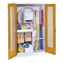 C+P Sportgeräteschrank mit Lochblech-Flügeltüren (Typ 1), HxBxT 195x120x50 cm, Ergo-Lock Muldengriff, Goldgelb (RAL 1004), Lichtgrau (RAL 7035), Gleichschliessung