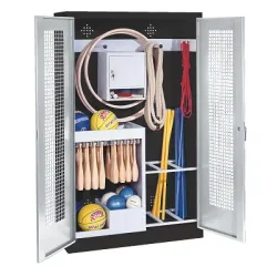 C+P Sportgeräteschrank mit Lochblech-Flügeltüren (Typ 1), HxBxT 195x120x50 cm, Lichtgrau (RAL 7035), Ergo-Lock Muldengriff, Anthrazit (RAL 7021), Gleichschliessung