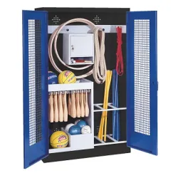 C+P Sportgeräteschrank mit Lochblech-Flügeltüren (Typ 1), HxBxT 195x120x50 cm, Enzianblau (RAL 5010), Ergo-Lock Muldengriff, Anthrazit (RAL 7021), Gleichschliessung