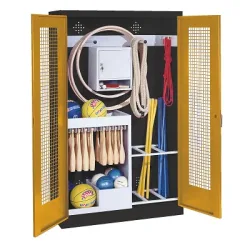 C+P Sportgeräteschrank mit Lochblech-Flügeltüren (Typ 1), HxBxT 195x120x50 cm, Ergo-Lock Muldengriff, Goldgelb (RAL 1004), Anthrazit (RAL 7021), Gleichschliessung