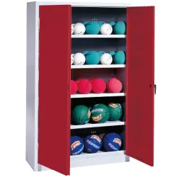 C+P Ballschrank mit Vollblech-Flügeltüren (Typ 3), HxBxT 195x150x50 cm, Ergo-Lock Muldengriff, Rubinrot (RAL 3003), Lichtgrau (RAL 7035), Gleichschliessung