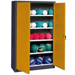 C+P Ballschrank mit Vollblech-Flügeltüren (Typ 3), HxBxT 195x150x50 cm, Ergo-Lock Muldengriff, Goldgelb (RAL 1004), Anthrazit (RAL 7021), Gleichschliessung